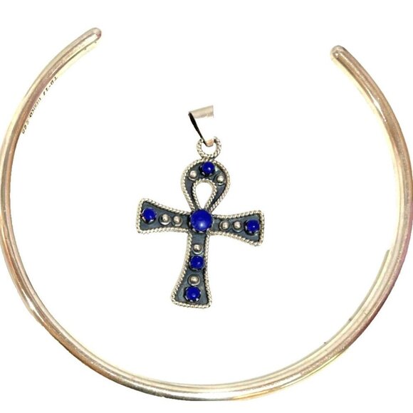 Taxco MX Silver Ankh Necklace Lapis Lazuli Cross Pendant Collar Egyptian 925 - Picture 5 of 16